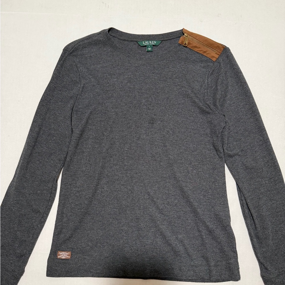 ralph lauren polo grey ls, zip shoulder, padded elbows, women's large